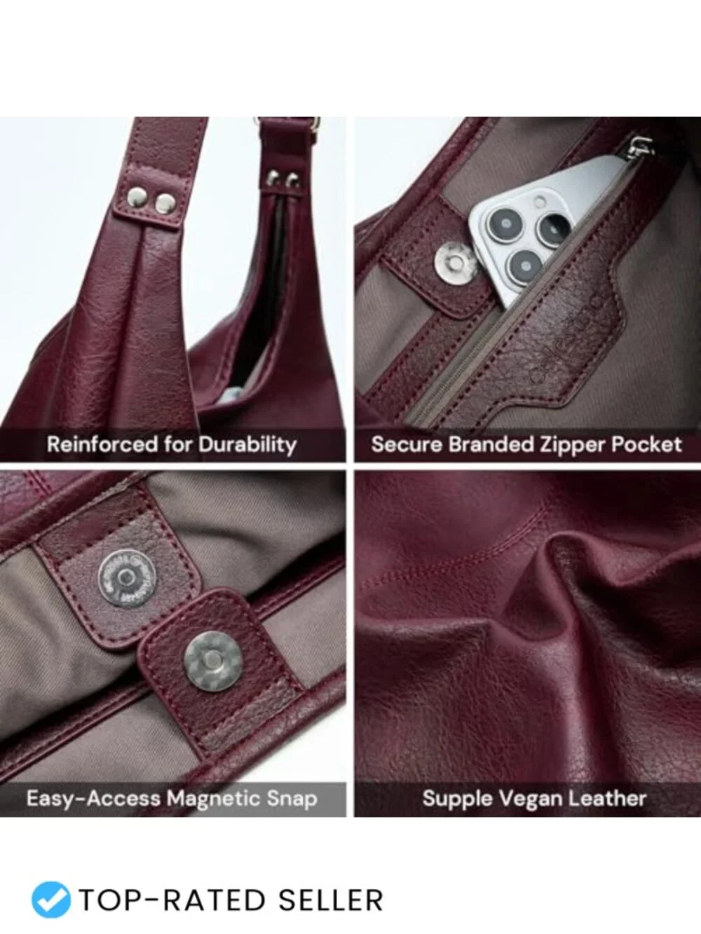 Vegan Leather Slouchy Hobo Shoulder Tote with Matching Pouch, Laptop Bag